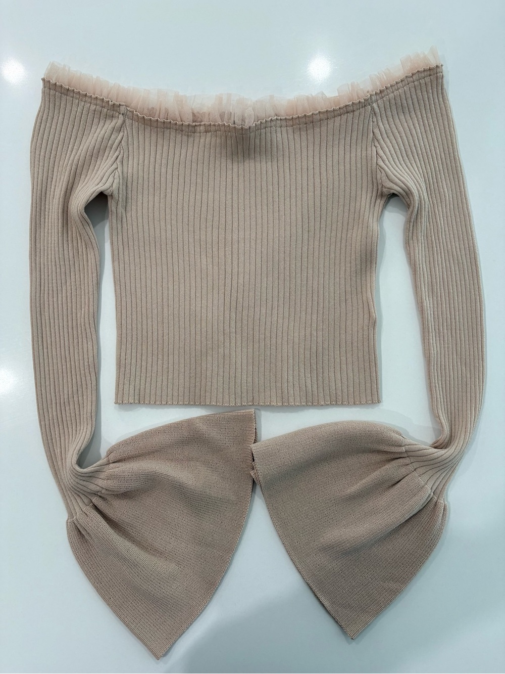 Off-Shoulder Ribbed Flared Sleeve Sweater Beige Natural Tone